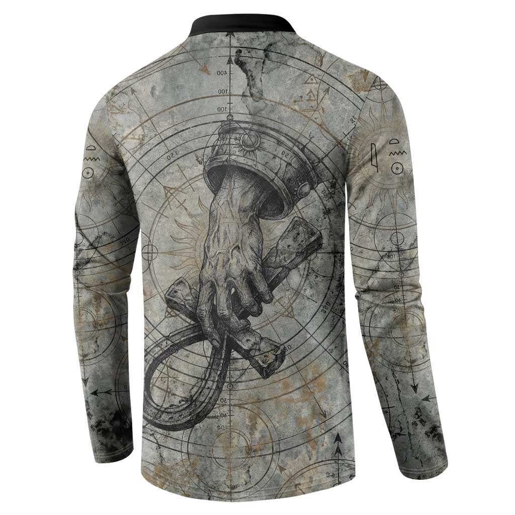 Aten Ancient Egyptian Button Sweatshirt with Gray Astronomical Chart, Radiant Sun Disc Emblem, and Ankh