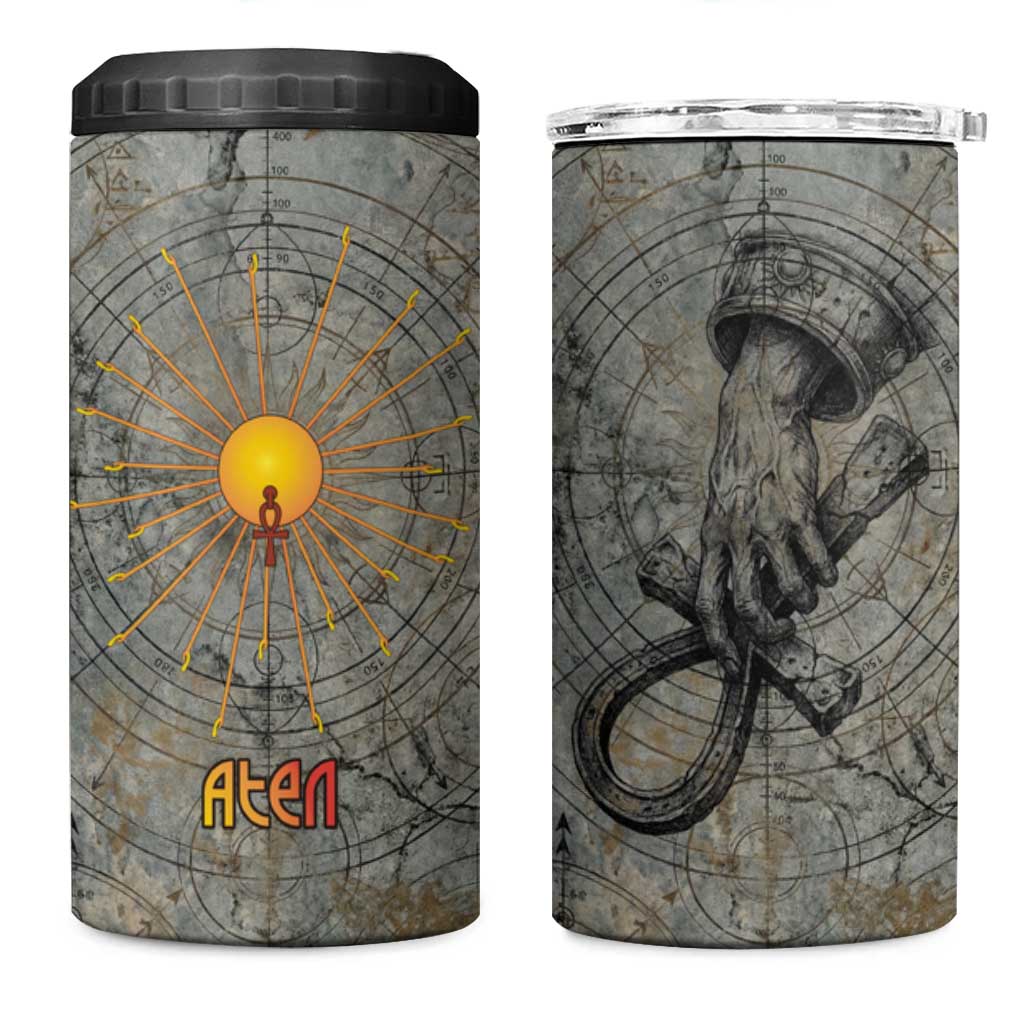 Aten Ancient Egyptian 4 in 1 Can Cooler Tumbler with Gray Astronomical Chart, Radiant Sun Disc Emblem, and Ankh - African Pride