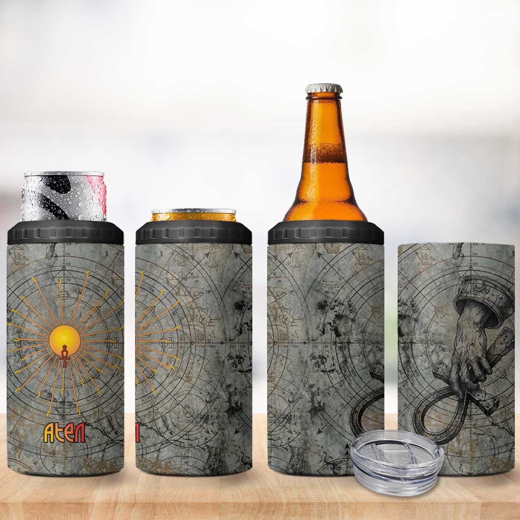 Aten Ancient Egyptian 4 in 1 Can Cooler Tumbler with Gray Astronomical Chart, Radiant Sun Disc Emblem, and Ankh - African Pride