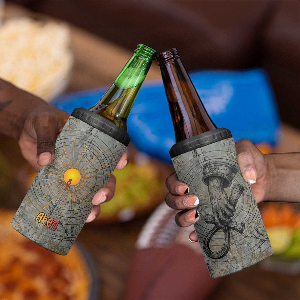 Aten Ancient Egyptian 4 in 1 Can Cooler Tumbler with Gray Astronomical Chart, Radiant Sun Disc Emblem, and Ankh - African Pride
