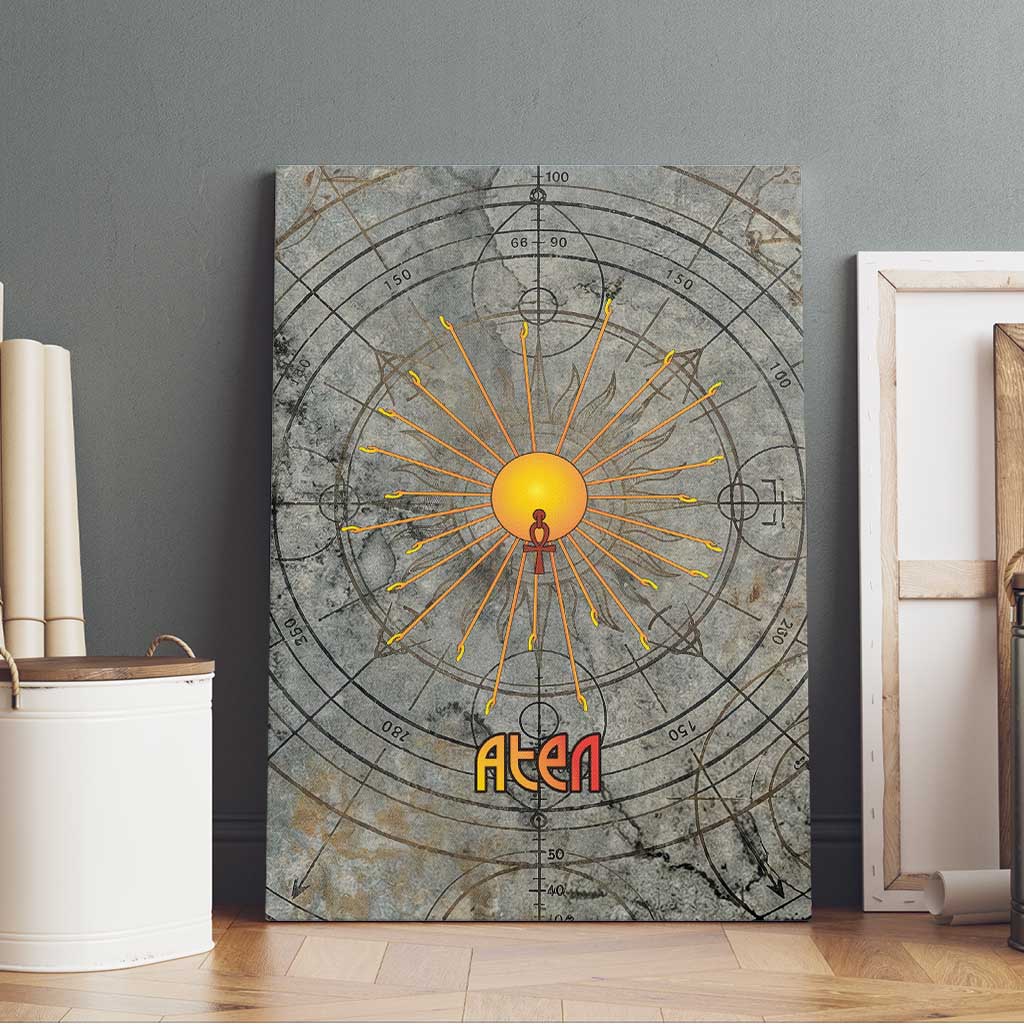 Aten Ancient Egyptian Canvas Wall Art with Gray Astronomical Chart, Radiant Sun Disc Emblem, and Ankh - African Pride