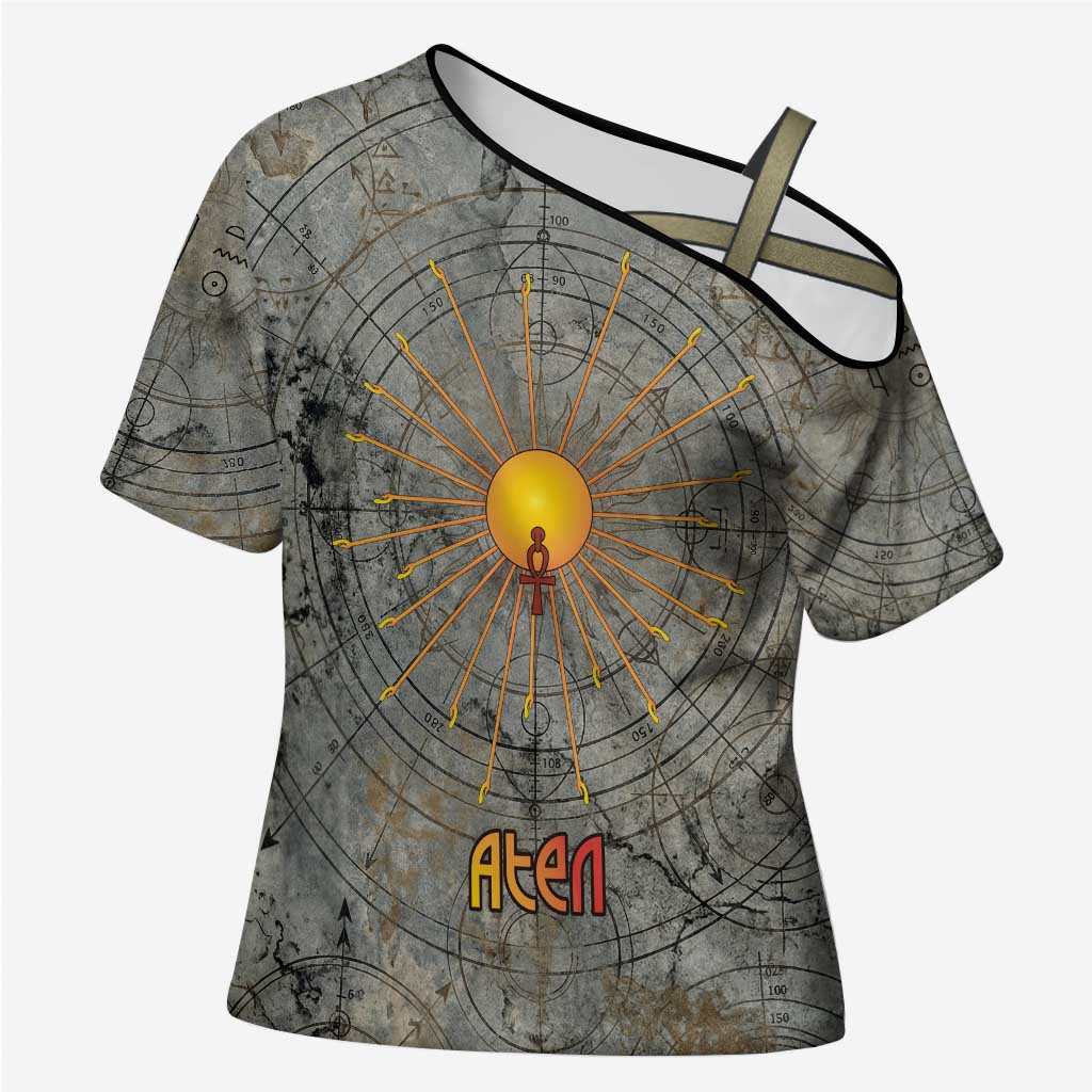 Aten Ancient Egyptian Cross Shoulder Shirt with Gray Astronomical Chart, Radiant Sun Disc Emblem, and Ankh - African Pride