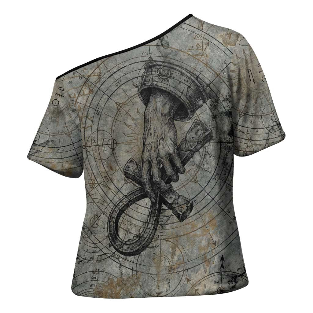 Aten Ancient Egyptian Cross Shoulder Shirt with Gray Astronomical Chart, Radiant Sun Disc Emblem, and Ankh - African Pride
