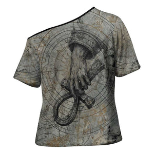 Aten Ancient Egyptian Cross Shoulder Shirt with Gray Astronomical Chart, Radiant Sun Disc Emblem, and Ankh - African Pride