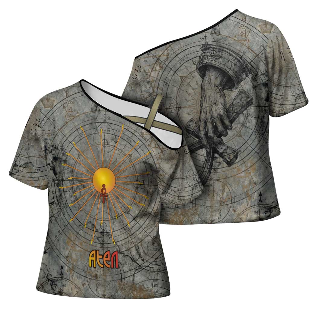 Aten Ancient Egyptian Cross Shoulder Shirt with Gray Astronomical Chart, Radiant Sun Disc Emblem, and Ankh - African Pride