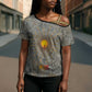 Aten Ancient Egyptian Cross Shoulder Shirt with Gray Astronomical Chart, Radiant Sun Disc Emblem, and Ankh - African Pride