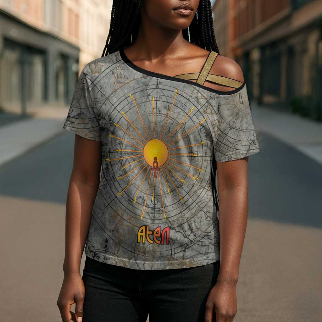Aten Ancient Egyptian Cross Shoulder Shirt with Gray Astronomical Chart, Radiant Sun Disc Emblem, and Ankh - African Pride