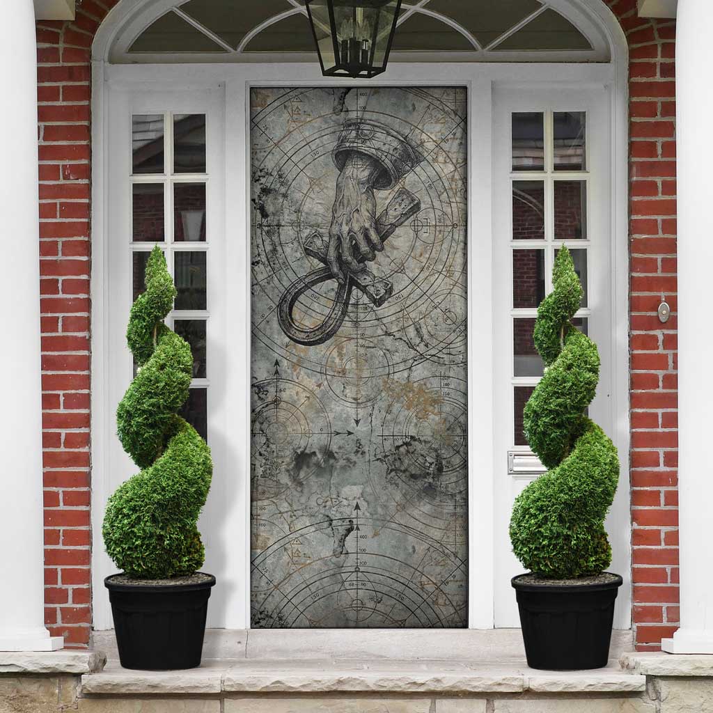 Aten Ancient Egyptian Door Cover with Gray Astronomical Chart, Radiant Sun Disc Emblem, and Ankh - African Pride