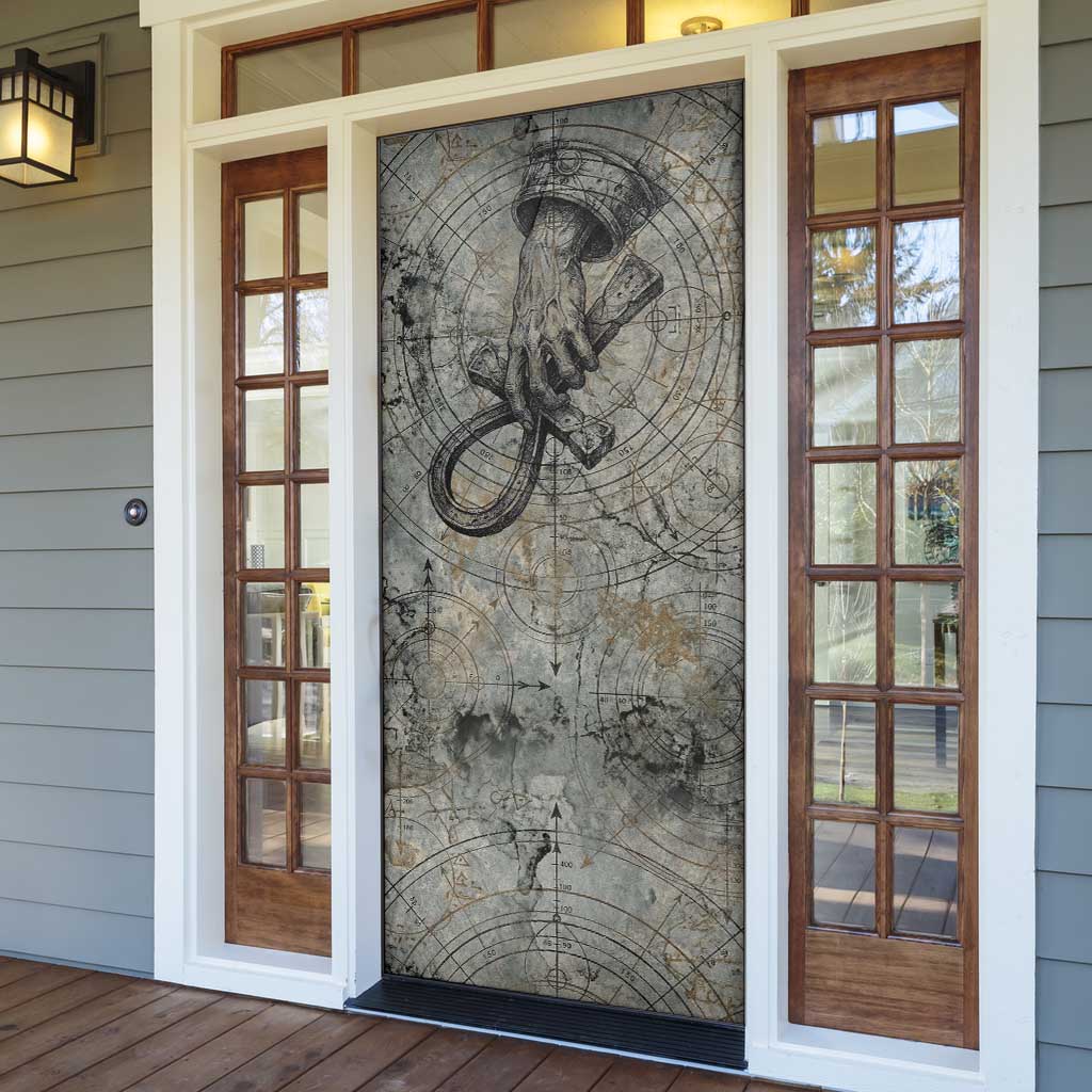Aten Ancient Egyptian Door Cover with Gray Astronomical Chart, Radiant Sun Disc Emblem, and Ankh - African Pride