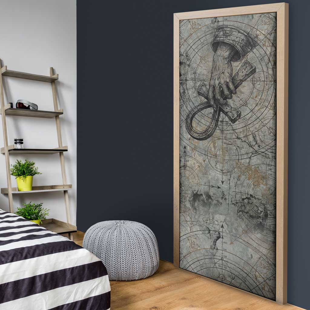 Aten Ancient Egyptian Door Cover with Gray Astronomical Chart, Radiant Sun Disc Emblem, and Ankh - African Pride