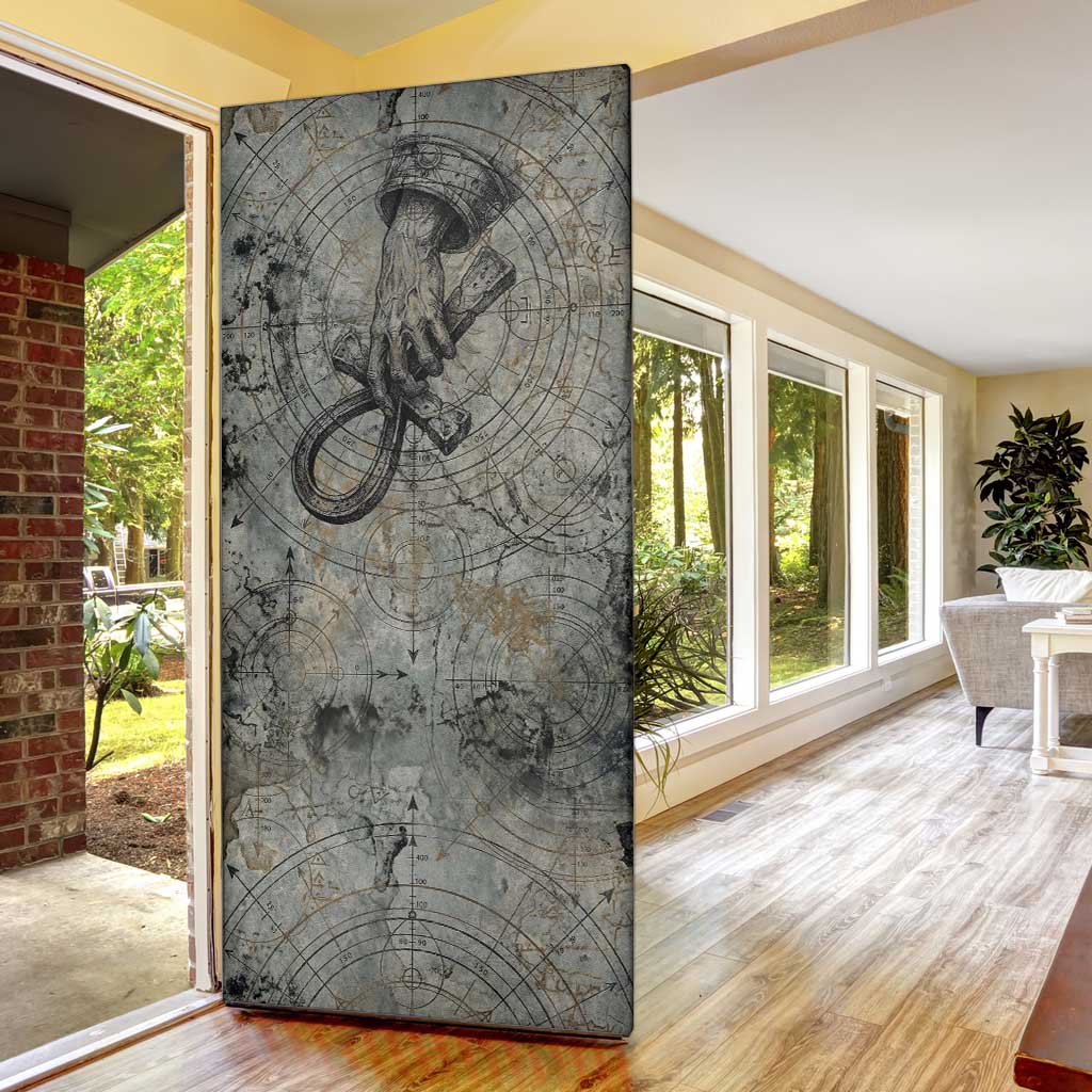 Aten Ancient Egyptian Door Cover with Gray Astronomical Chart, Radiant Sun Disc Emblem, and Ankh - African Pride