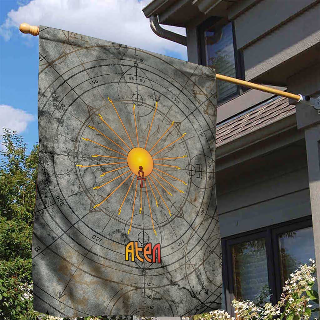 Aten Ancient Egyptian Garden Flag with Gray Astronomical Chart, Radiant Sun Disc Emblem, and Ankh - African Pride