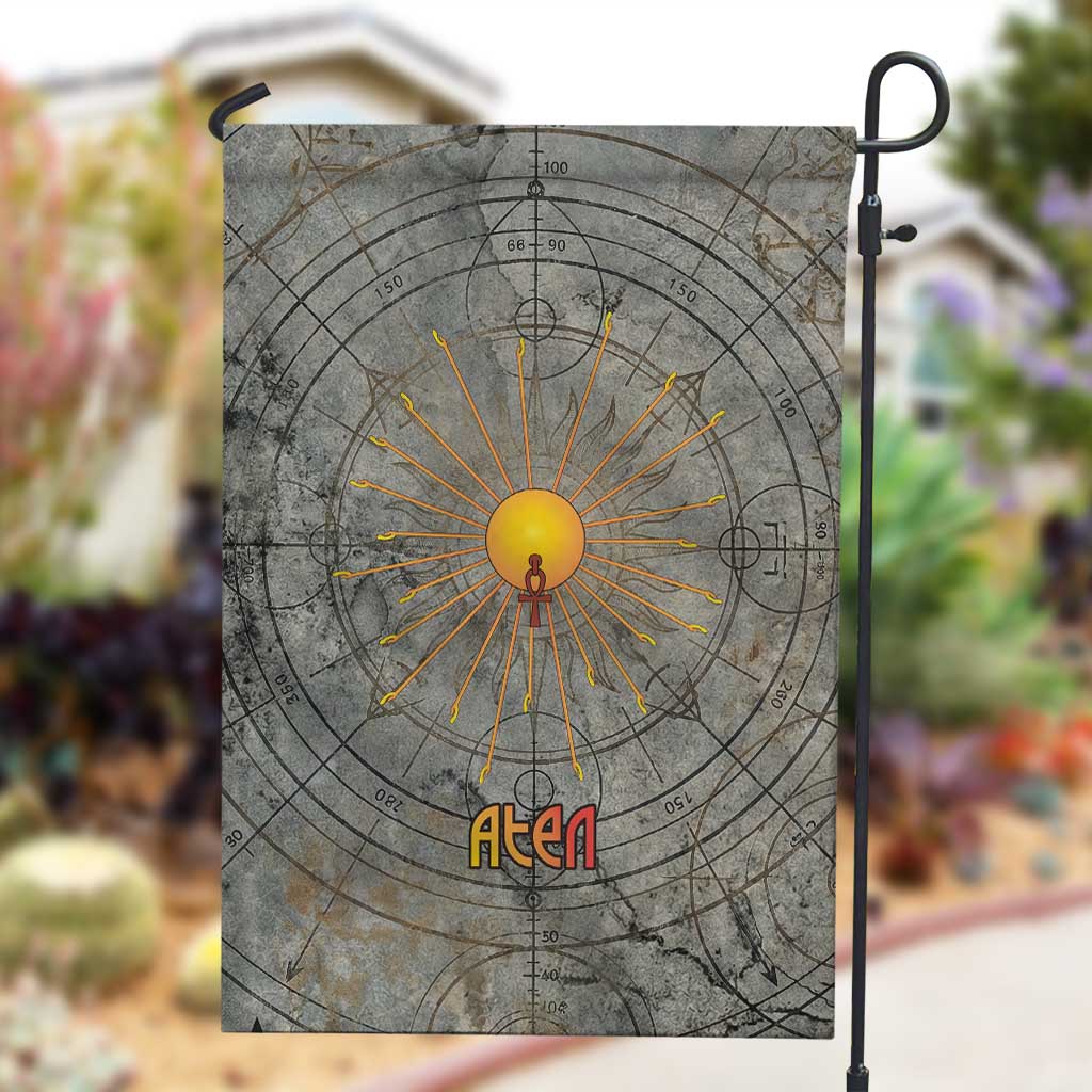 Aten Ancient Egyptian Garden Flag with Gray Astronomical Chart, Radiant Sun Disc Emblem, and Ankh - African Pride