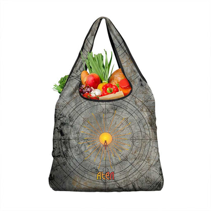 Aten Ancient Egyptian Grocery Bag with Gray Astronomical Chart, Radiant Sun Disc Emblem, and Ankh - African Pride