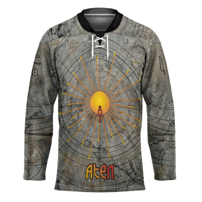 Aten Ancient Egyptian Hockey Jersey with Gray Astronomical Chart, Radiant Sun Disc Emblem, and Ankh - African Pride