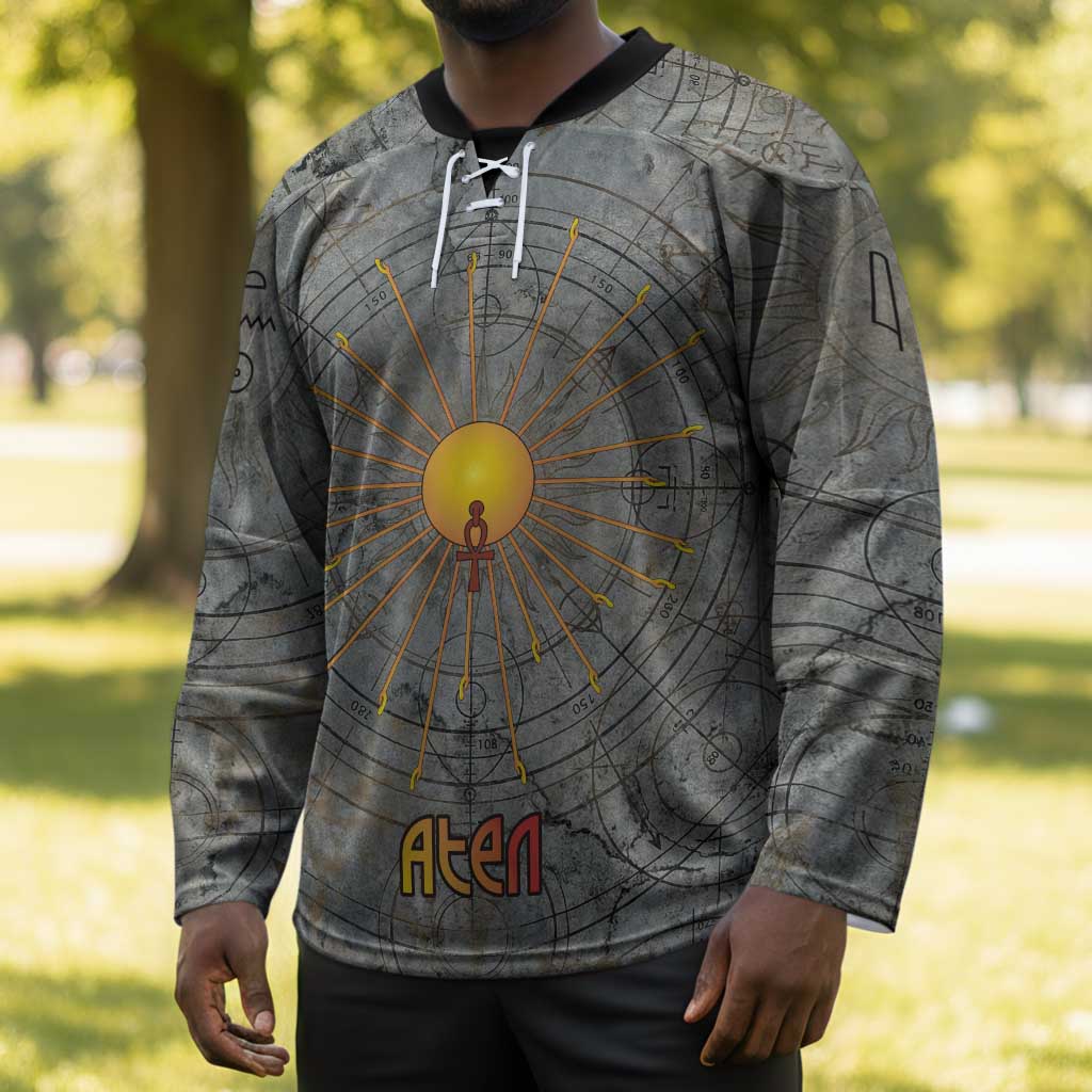 Aten Ancient Egyptian Hockey Jersey with Gray Astronomical Chart, Radiant Sun Disc Emblem, and Ankh - African Pride