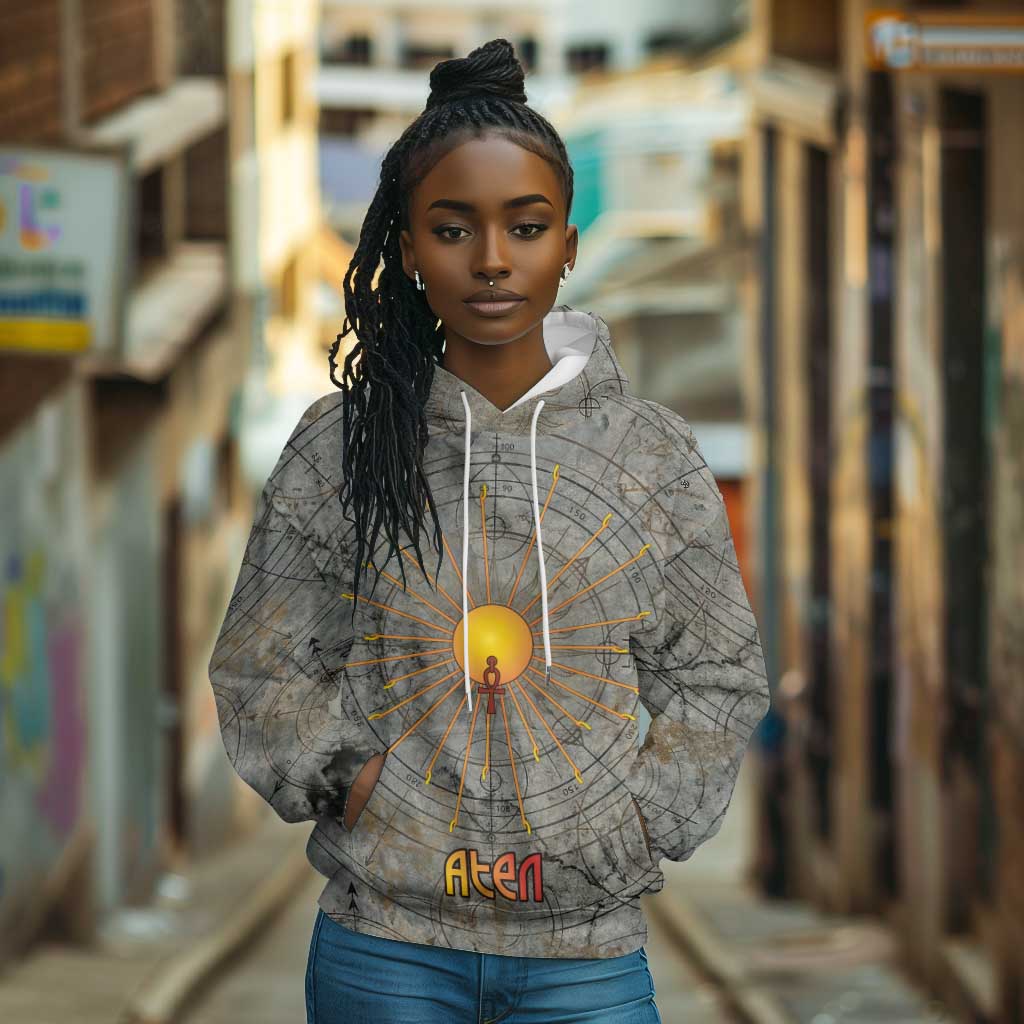 Aten Ancient Egyptian Hoodie with Gray Astronomical Chart, Radiant Sun Disc Emblem, and Ankh - African Pride