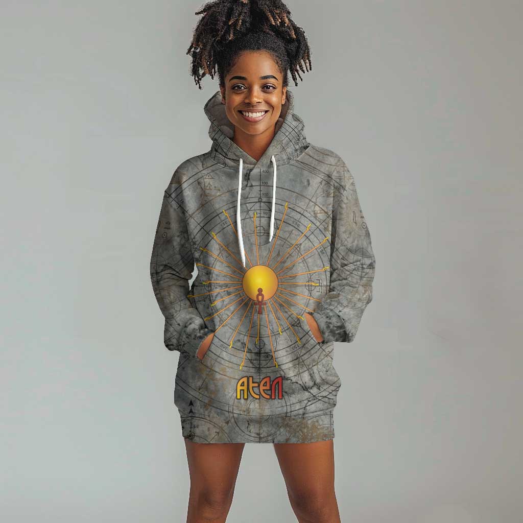 Aten Ancient Egyptian Hoodie Dress with Gray Astronomical Chart, Radiant Sun Disc Emblem, and Ankh - African Pride