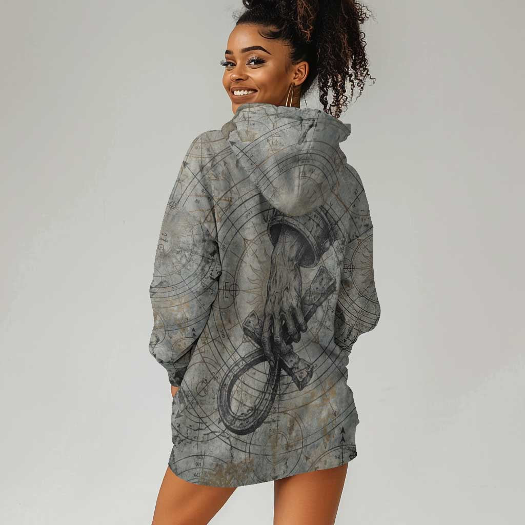 Aten Ancient Egyptian Hoodie Dress with Gray Astronomical Chart, Radiant Sun Disc Emblem, and Ankh - African Pride