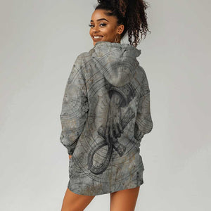 Aten Ancient Egyptian Hoodie Dress with Gray Astronomical Chart, Radiant Sun Disc Emblem, and Ankh - African Pride