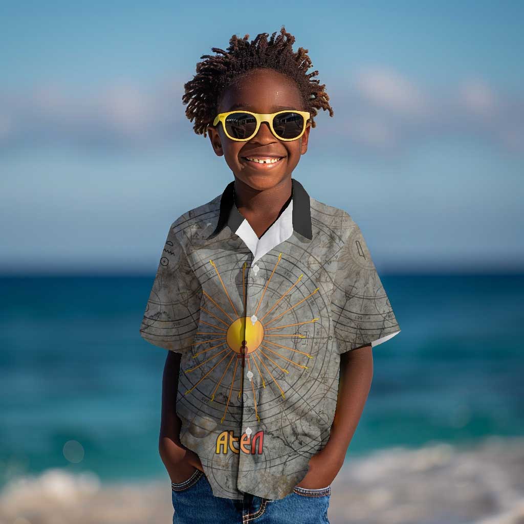 Aten Ancient Egyptian Kid Hawaiian Shirt with Gray Astronomical Chart, Radiant Sun Disc Emblem, and Ankh - African Pride