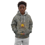 Aten Ancient Egyptian Kid Hoodie with Gray Astronomical Chart, Radiant Sun Disc Emblem, and Ankh - African Pride