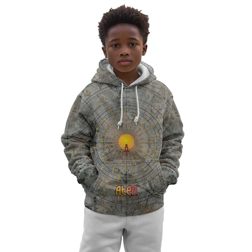 Aten Ancient Egyptian Kid Hoodie with Gray Astronomical Chart, Radiant Sun Disc Emblem, and Ankh - African Pride
