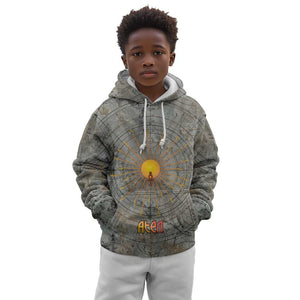 Aten Ancient Egyptian Kid Hoodie with Gray Astronomical Chart, Radiant Sun Disc Emblem, and Ankh - African Pride