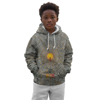 Aten Ancient Egyptian Kid Hoodie with Gray Astronomical Chart, Radiant Sun Disc Emblem, and Ankh - African Pride