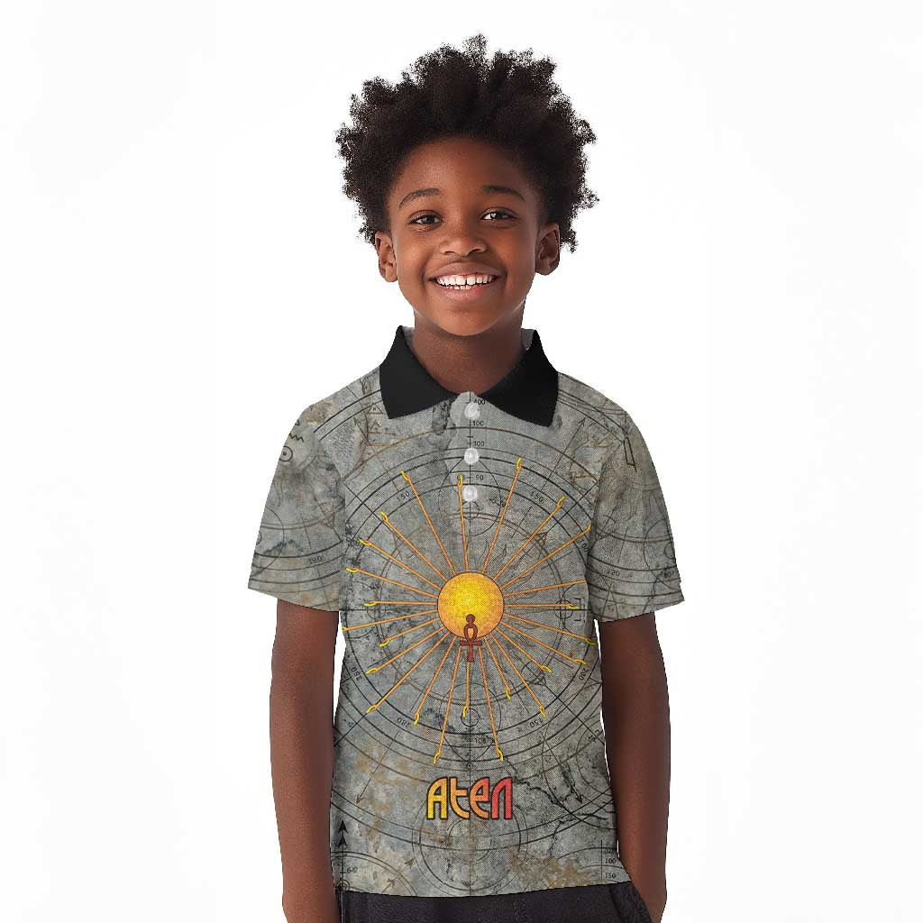 Aten Ancient Egyptian Kid Polo Shirt with Gray Astronomical Chart, Radiant Sun Disc Emblem, and Ankh - African Pride