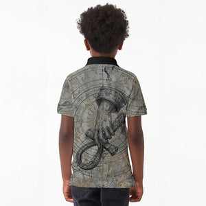Aten Ancient Egyptian Kid Polo Shirt with Gray Astronomical Chart, Radiant Sun Disc Emblem, and Ankh - African Pride