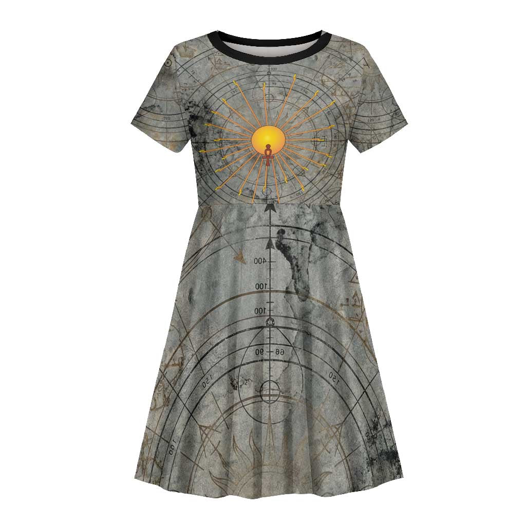 Aten Ancient Egyptian Kid Short Sleeve Dress with Gray Astronomical Chart, Radiant Sun Disc Emblem, and Ankh - African Pride