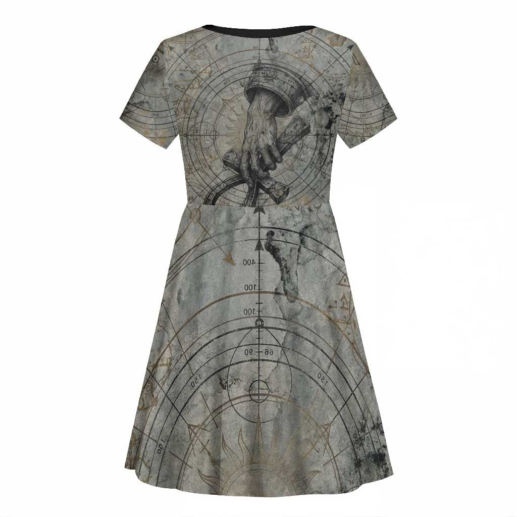 Aten Ancient Egyptian Kid Short Sleeve Dress with Gray Astronomical Chart, Radiant Sun Disc Emblem, and Ankh - African Pride