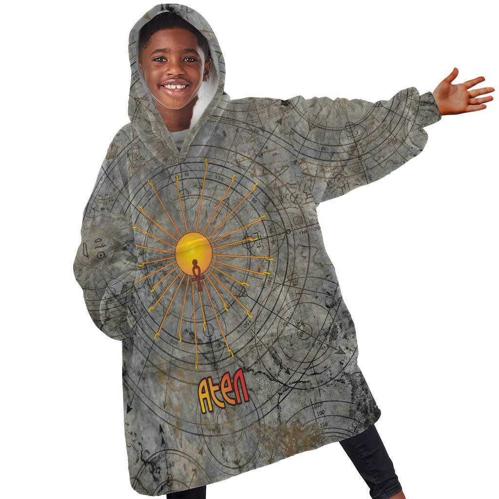 Aten Ancient Egyptian Kid Wearable Blanket Hoodie with Gray Astronomical Chart, Radiant Sun Disc Emblem, and Ankh - African Pride