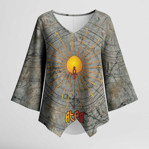 Aten Ancient Egyptian Kimono Sleeve Blouse with Gray Astronomical Chart, Radiant Sun Disc Emblem, and Ankh - African Pride