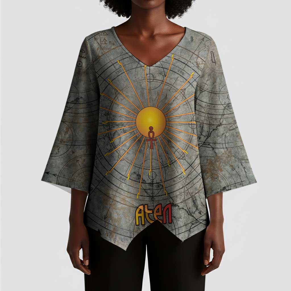 Aten Ancient Egyptian Kimono Sleeve Blouse with Gray Astronomical Chart, Radiant Sun Disc Emblem, and Ankh - African Pride