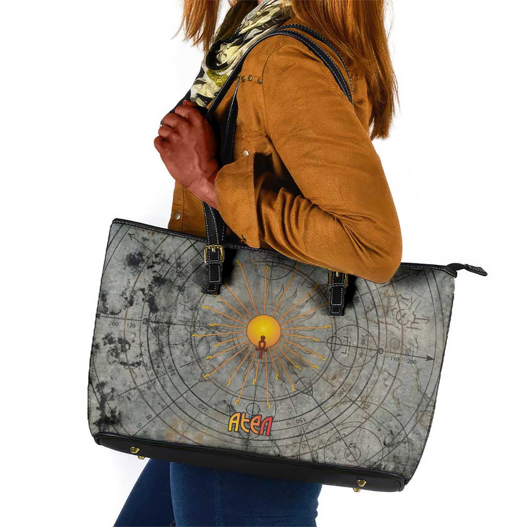 Aten Ancient Egyptian Leather Tote Bag with Gray Astronomical Chart, Radiant Sun Disc Emblem, and Ankh - African Pride