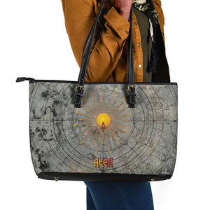 Aten Ancient Egyptian Leather Tote Bag with Gray Astronomical Chart, Radiant Sun Disc Emblem, and Ankh - African Pride