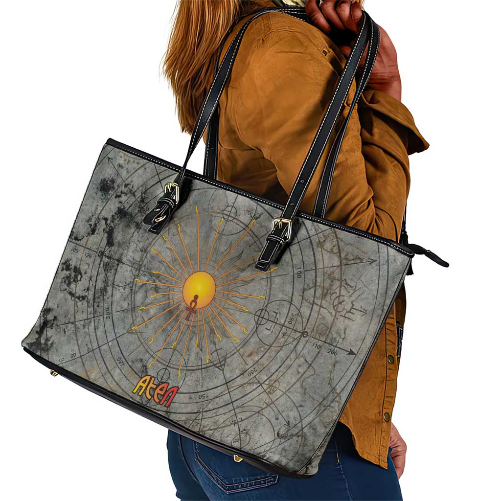 Aten Ancient Egyptian Leather Tote Bag with Gray Astronomical Chart, Radiant Sun Disc Emblem, and Ankh - African Pride