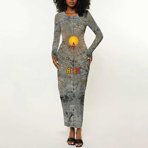 Aten Ancient Egyptian Long Sleeve Bodycon Dress with Gray Astronomical Chart, Radiant Sun Disc Emblem, and Ankh - African Pride