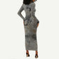 Aten Ancient Egyptian Long Sleeve Bodycon Dress with Gray Astronomical Chart, Radiant Sun Disc Emblem, and Ankh - African Pride
