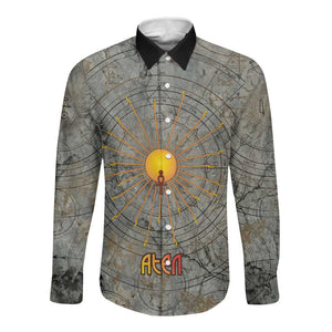 Aten Ancient Egyptian Long Sleeve Button Shirt with Gray Astronomical Chart, Radiant Sun Disc Emblem, and Ankh - African Pride