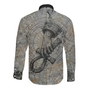 Aten Ancient Egyptian Long Sleeve Button Shirt with Gray Astronomical Chart, Radiant Sun Disc Emblem, and Ankh - African Pride