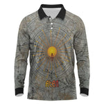 Aten Ancient Egyptian Long Sleeve Polo Shirt with Gray Astronomical Chart, Radiant Sun Disc Emblem, and Ankh - African Pride
