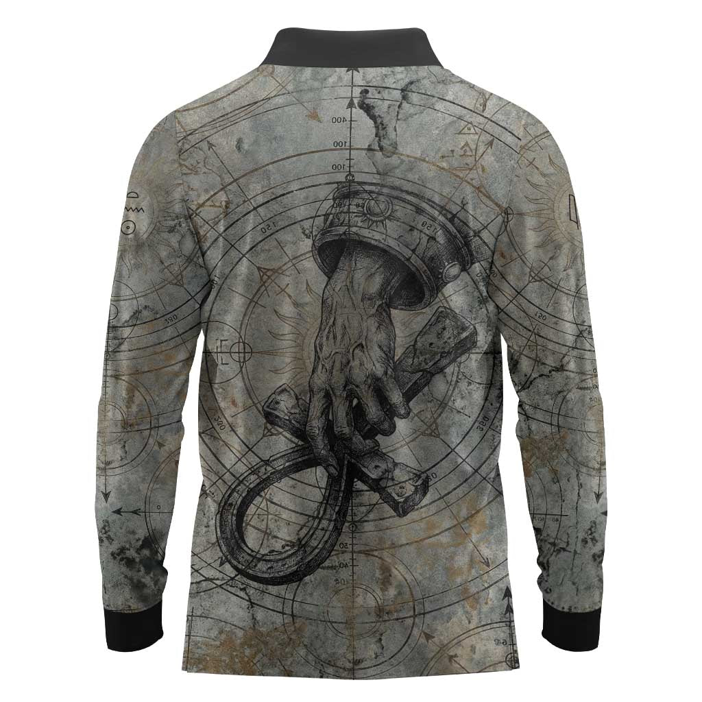 Aten Ancient Egyptian Long Sleeve Polo Shirt with Gray Astronomical Chart, Radiant Sun Disc Emblem, and Ankh - African Pride