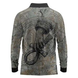 Aten Ancient Egyptian Long Sleeve Polo Shirt with Gray Astronomical Chart, Radiant Sun Disc Emblem, and Ankh - African Pride