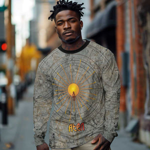 Aten Ancient Egyptian Long Sleeve Shirt with Gray Astronomical Chart, Radiant Sun Disc Emblem, and Ankh - African Pride