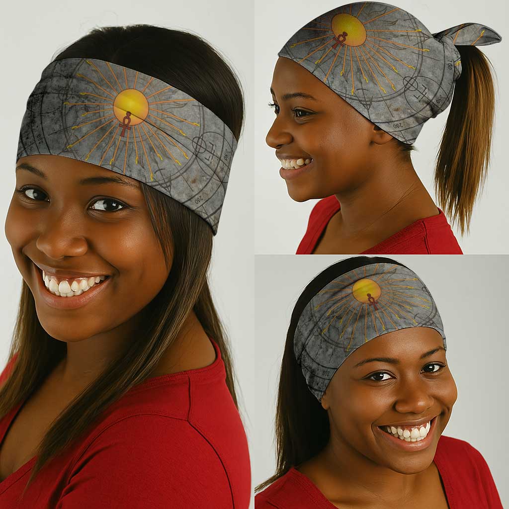 Aten Ancient Egyptian Neck Gaiter with Gray Astronomical Chart, Radiant Sun Disc Emblem, and Ankh - African Pride