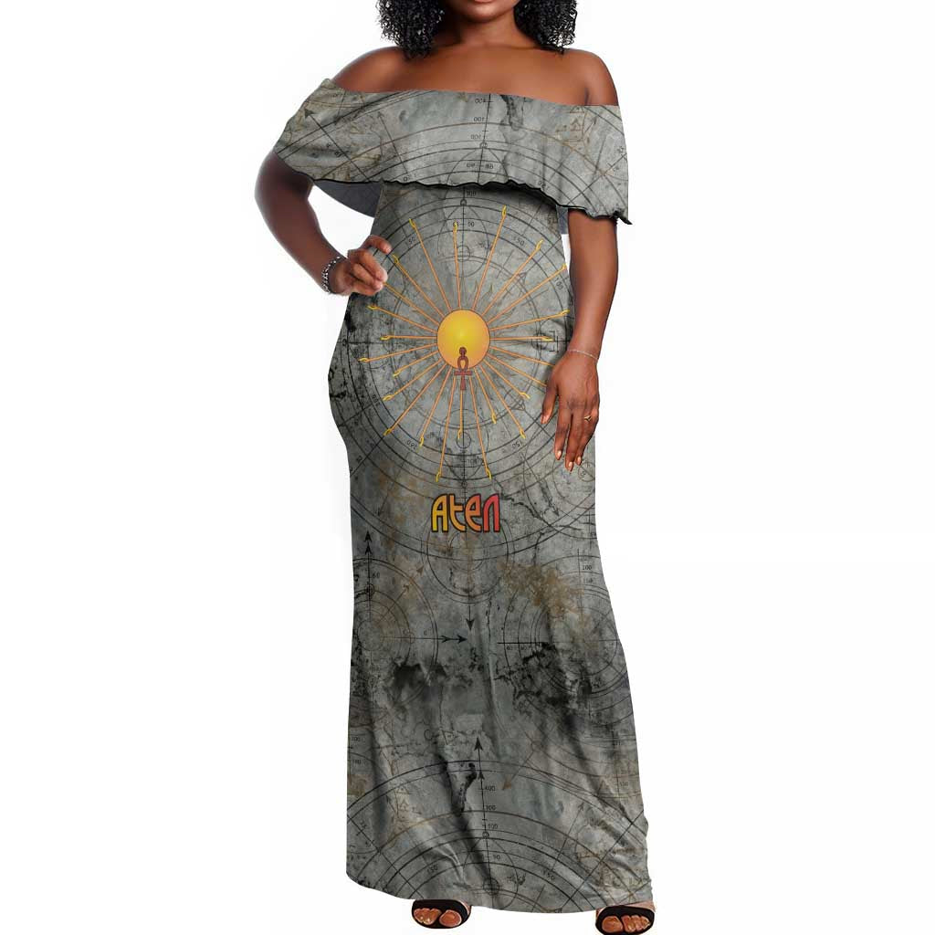 Aten Ancient Egyptian Off Shoulder Maxi Dress with Gray Astronomical Chart, Radiant Sun Disc Emblem, and Ankh - African Pride