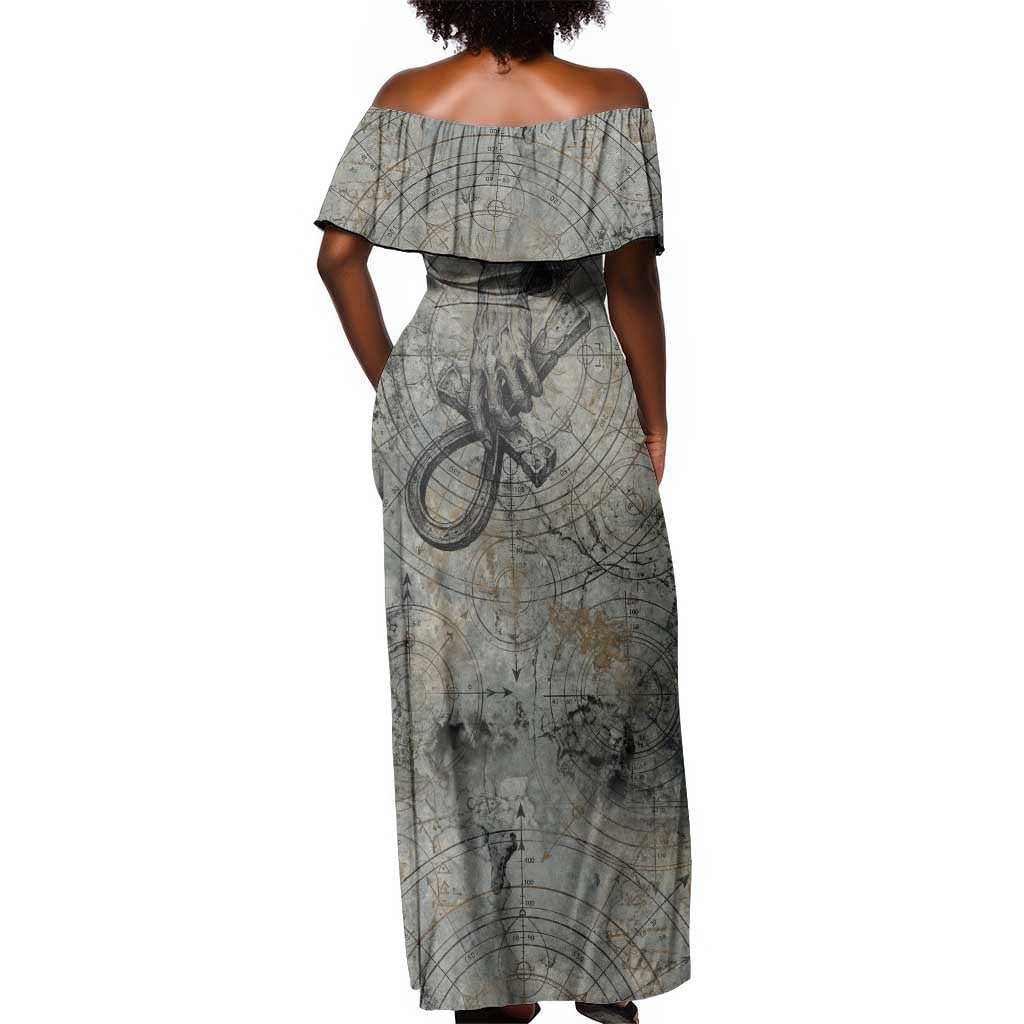 Aten Ancient Egyptian Off Shoulder Maxi Dress with Gray Astronomical Chart, Radiant Sun Disc Emblem, and Ankh - African Pride